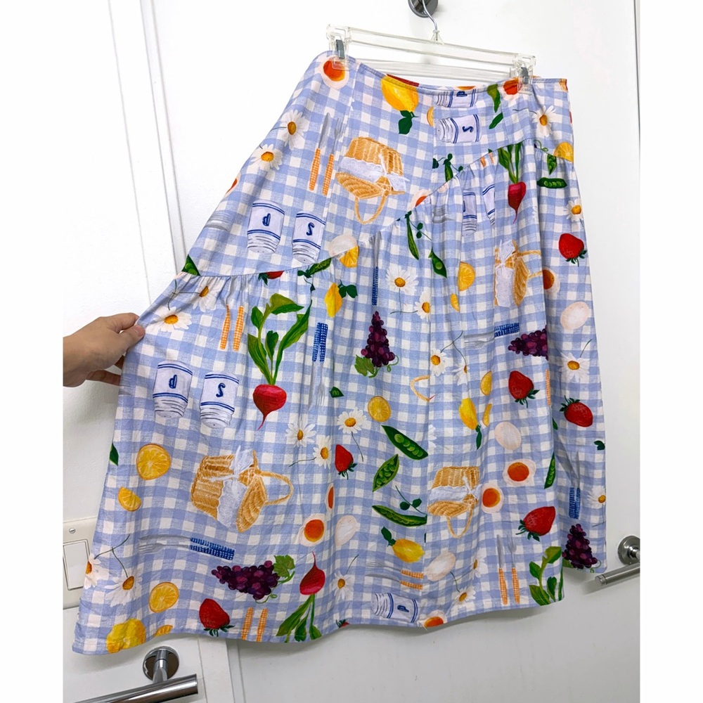 Lisa Says Gah Maeve Picnic Alfresco Midi Skirt Food Vegetable Blue Gingham 2XL - Picture 12 of 15